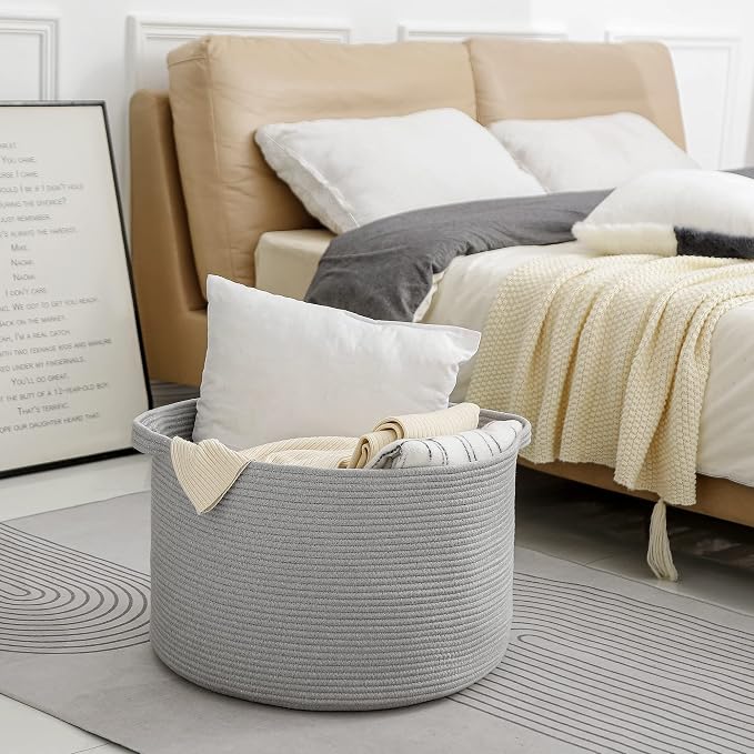 Extra Large Grey Storage Basket, 22" X 22" X 14" XXXL Blanket Basket for Living Room, Gray Wicker Woven Cotton Rope Baskets for Storage, Kids Toy Baskets Bins, Decorative Pillow Towel Basket