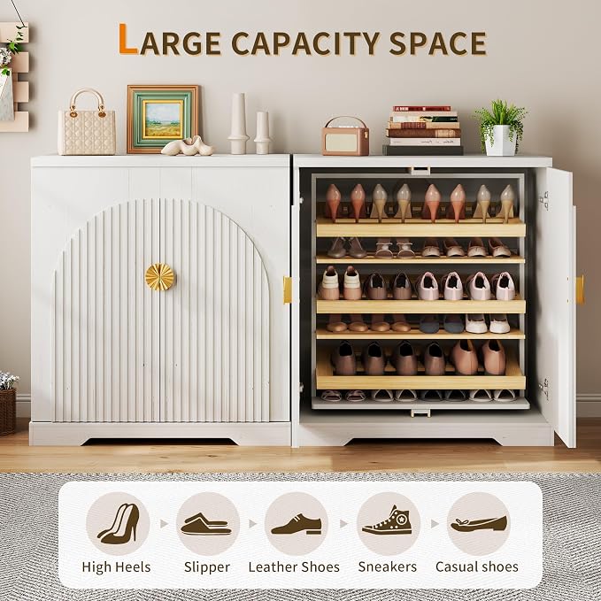 Vlsrka Rotating Shoe Storage Cabinet with Doors and 6 Tier Shelves, White | Suitable for 18 Pairs Shoe Organizer, Freestanding, Pull Out Shoe Rack, Wooden Entryway Cabinet for Hallway, Closet, Indoor