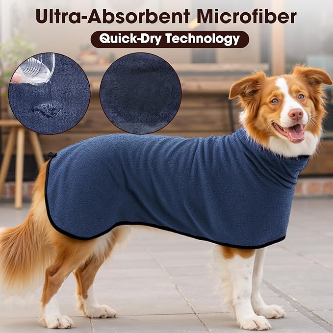 Microfibre Dog Bathrobe Towel Wrap Super Absorbent Dog Drying Coat Bath Robe for Puppy, Medium & Large Dogs, Fast Drying, Adjustable