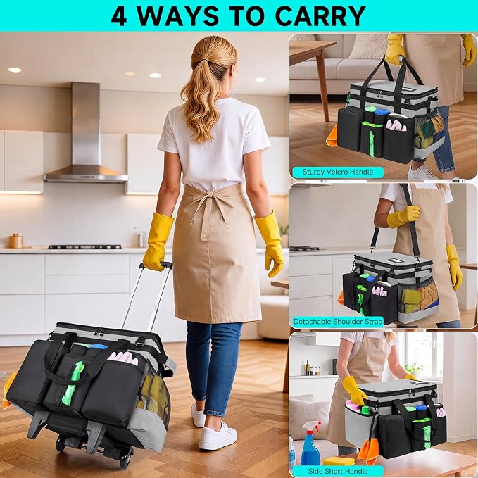 Cleaning Cadddy Bag with Rolling Cart, Large Cleaning Bag with Wheels | Cleaning Supplies Organizer with Detachable Trolley for Housekeepers, Housekeeping Cleaning Cart with Shoulder Strap & Handle