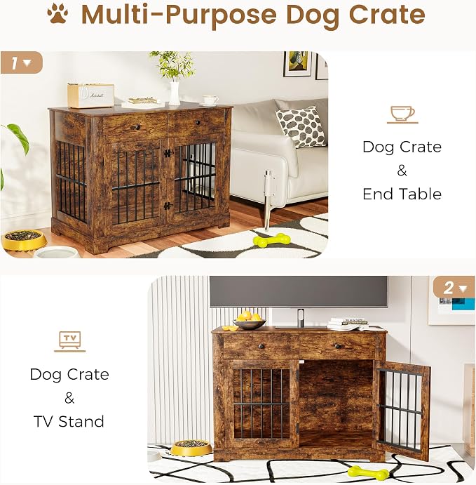 44.5'' Dog Crate Furniture with Storage Dog Kennel w/2 Drawers, Heavy-Duty Wooden Dog House Indoor End Table Tv Stand with Charging Station Pet Cage for Small/Medium Dogs(Brown)