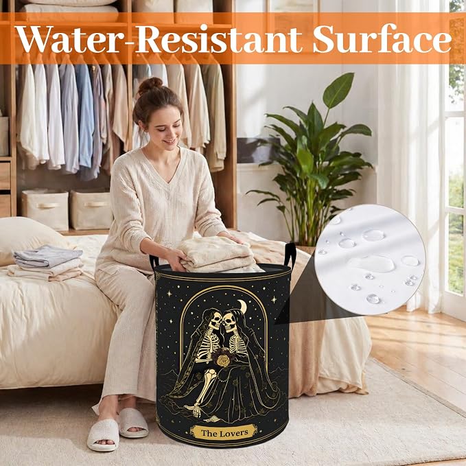 Gothic Skull Laundry Basket, Skeleton Couple Oxford Cloth Dirty Clothes Collapsible Hamper for Room Decor, Goth Halloween Gifts, Toy Organizer 19.7 x 15.7 Inches for Bedroom Bathroom Dorm