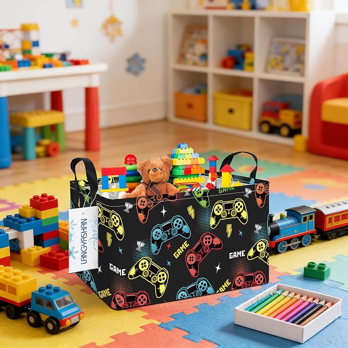 Rectangular Collapsible Game Storage Basket Nursery Toy Organizer | Storage Bin Foldable Canvas with Handles for Organizing Home Kitchen Children Toys Office Closet Shelf Baskets