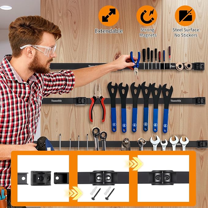 24" Magnetic Tool Holder Strip, 6 Pieces Black Metal Tool Organizer Rack with Stainless Steel Surface, Magnet Bar for Garage Workshop, Easy To Install with Mounting Screws