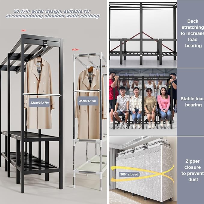 FPIGSHS 75in Portable Wardrobe Closet Rack 1100lbs Heavy-Duty Foldable Garment Rack With Cover Freestanding Covered Clothes Organizer System enclosed Armoires For Hanging Clothes For Bedroom (75in)
