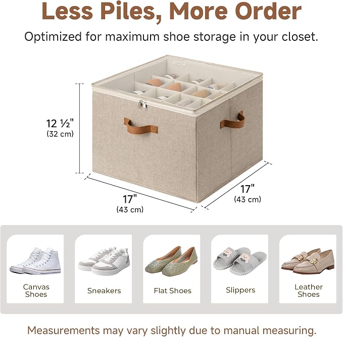 StorageWorks 2-Pack 32-Pair Shoe Storage Organizer for Closet, Taupe | Adjustable Dividers, Holds up to 16 Pairs Each, Foldable, Clear Lid, Soft Handles, Fits Flats, Boots & Heels, For Entryway