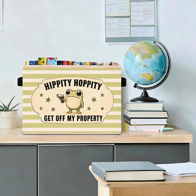 Funny Frog Green Stripe Foldable Fabric Storage Bin | Hippity Hoppity frog design; foldable fabric storage bin for bedroom, dorm, closet, toys, books, or clothes.