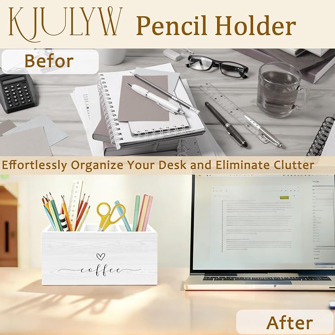 Coffee Pen Holder for Desk, Coffee Lover Gifts, Barista Gifts Wooden Box Pencil Pen Holder Organizer for Home Office Cafe Shop Desk Accessories