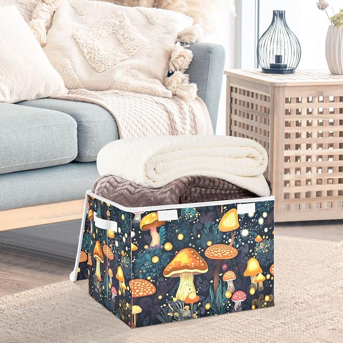 Mushrooms Storage Bins with Lids and Carrying Handle,Foldable Storage Boxes Organizer Containers Baskets Cube with Cover for Home Bedroom Closet Office