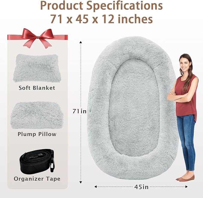ROOMTEC Human Dog Bed, 71''x45''x12'' Size Fits Adult and Pet Washable Giant People Bed 10 CM Thick Memory Foam Large Oversize Pet Bed with Plump Pillow, Blanket, Strap - Grey