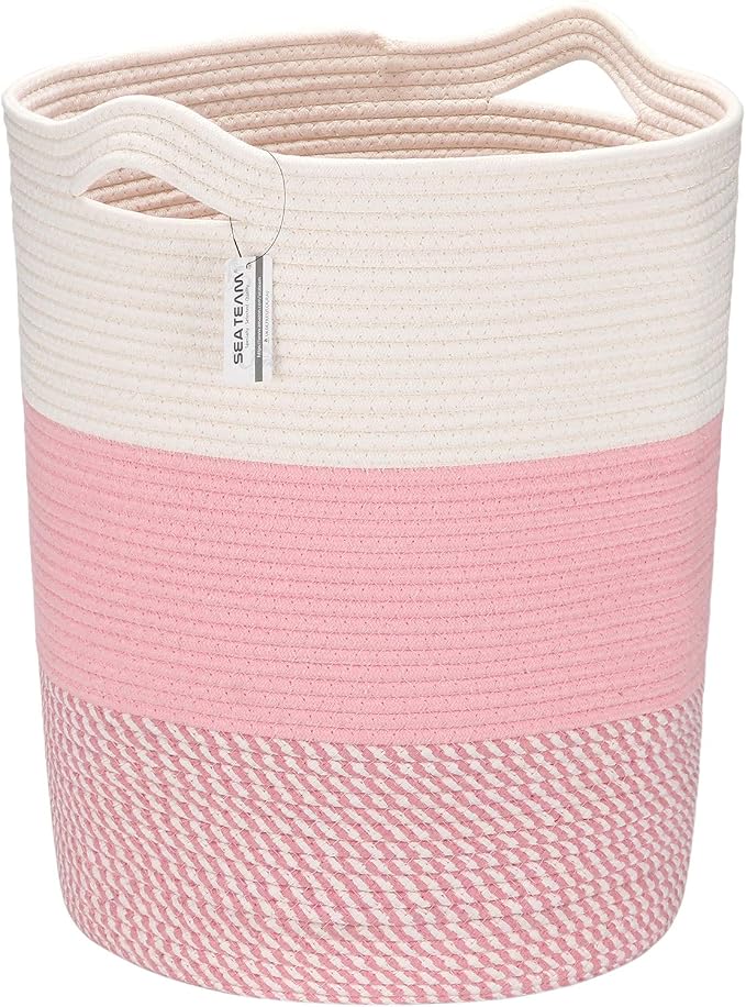 Sea Team Large Woven Cotton Rope Laundry Basket with Handles, 20 x 14 in | Collapsible Knitted Hamper, Closet Shelf Organizers, Containers for Clothing, Blankets, Toys, Bedding, Mottled Pink