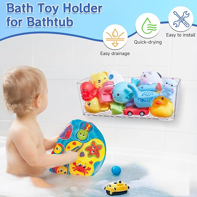 Antimbee Clear Bath Toy Storage 2 Pack, Large Bath Toy Holder (2 US Gal) | No Stains, Quick Dry, Adhesive Mount, Easy Scoop, Visibility, BPA-Free Bath Toy Organizer, Shower Caddy for Bathtub, Bathroom