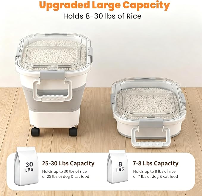 30 Lbs Rice Container, Collapsible Dog Food Storage Container | Airtight Cat Food Container with Wheels, Transparent Lid, Measuring Cup, Scoop and Handle, BPA Free for Pet Food, Bird Seed