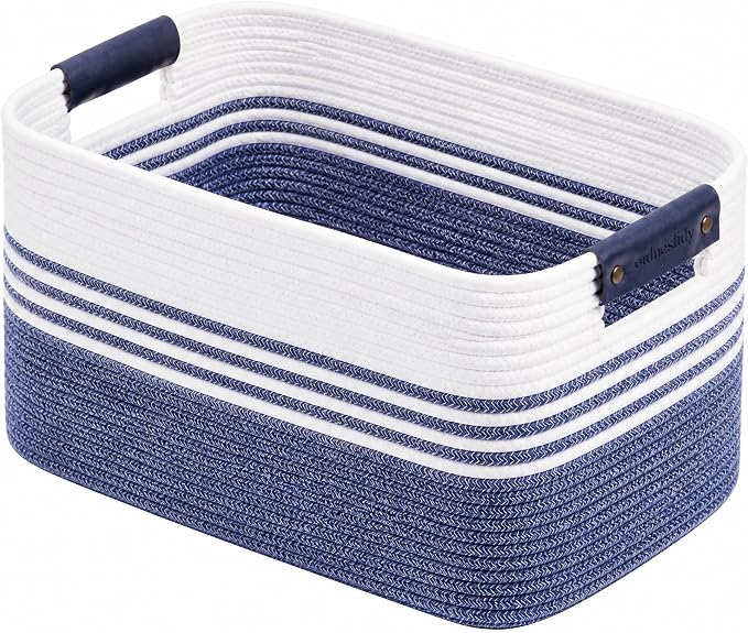 Cotton Rope Laundry Basket Extra Large, 25.4GAL Collapsible Woven Storage Baskets for Living Room Kids Toys Stuffed Animal,Boho Rectangular Decorative Hamper for Dirty Clothes, Blankets Denim Blue