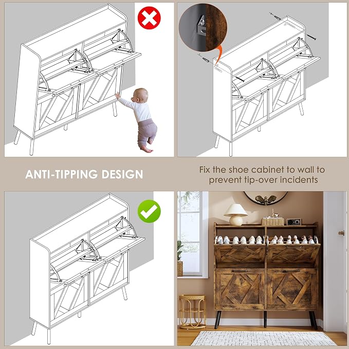 Shoe Cabinet Storage for Entryway, Freestanding Shoe Storage Cabinet, Farmhouse Narrow Shoe Rack Cabinet for Entryway, Foyer, Hallway, Shoe Cabinet 4 Flip Drawers