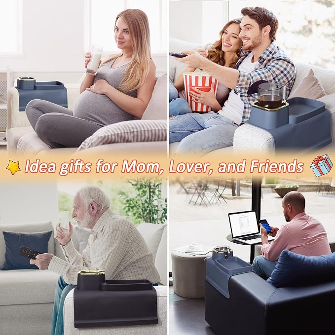 HMASYO Couch Cup Holder Tray – Weighted Silicone Sofa Armrest Organizer Table with Anti-Spill Coaster, Easy Reach for Drink, Snacks, Remote & Phone, Non-Slip Base, Easy Clean