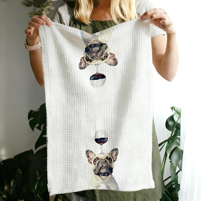 Funny Wine French Bulldog Decorative Kitchen Towels, Gifts for French Bulldog and Wine Lovers Hand Tea Towels for Bathroom, Frenchie Gifts for Women Men Dish Towel Dishcloth, 16x24 Inch