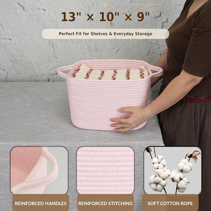 XUANGUO Woven Cotton Rope Storage Basket with Handles 13x10x9 inch Pink | Woven cotton rope basket for shelves and closets. Perfect for toys, books, clothes, nursery storage and gift baskets.