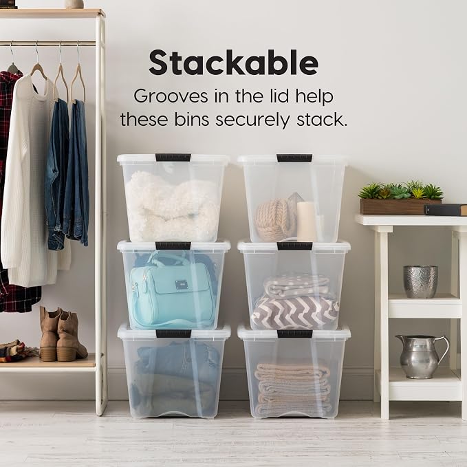 IRIS USA 54 Qt Storage Bins with Lids, 6 Pack, Dividers, Clear/White | Organize tools, pantry staples, cleaning supplies, craft materials, and household essentials with dividers.
