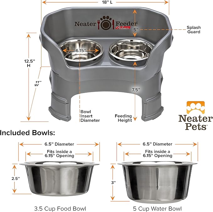 Neater Feeder Deluxe Mess-Proof Elevated Dog Bowls for Medium Dogs (19–40 lbs), 2 Height Adjustable (10” & 12.5”) No-Spill Raised Dog Bowl Stand, Stainless Steel Food Bowl Set, Made in USA, Gunmetal