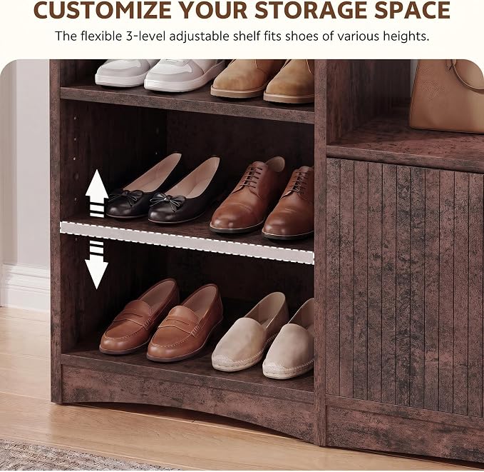 U-Shaped Shoe Cabinet Bench with Flip-Open Box & Shelf, Walnut | 63" W Lift-Top Storage Wooden Bench for Entryway, Living Room, Hallway