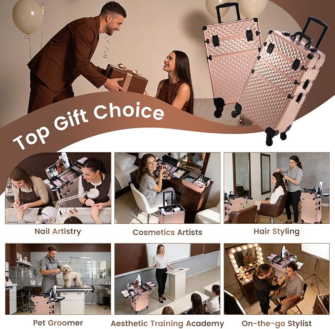 Rolling Makeup Train Case 3 in 1 Professional Cosmetic Trolley Large Storage with keys Swivel Wheels Salon Barber Case Traveling Cart Trunk for Make Up Nail Tech - Vintage Rose Gold | Cosmetic Trolley Large Storage with Keys 360° Swivel Salon Barber Ca...