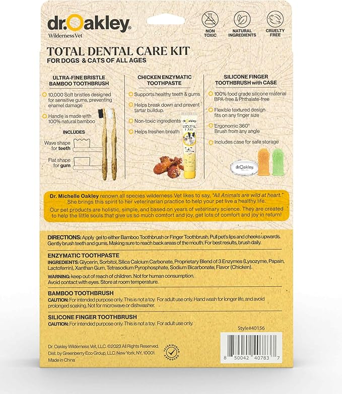 Dr. Oakley Dental Toothbrush Kit for Dogs & Cats -Finger Brush for Small Pets and Soft Brushes for Large or Older Natural and Safe Chicken Flavor -