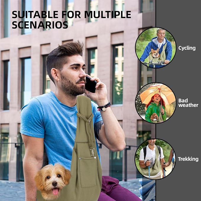 ARZQUT Dog and Cats Carrier Sling, Small Pet Carrier with Storage Pocket | Reversible Puppy Sling Carrier, Safety Buckle, Storage bag, Machine Washable for Travel, Outdoor Activitie, Hand-Free, Green