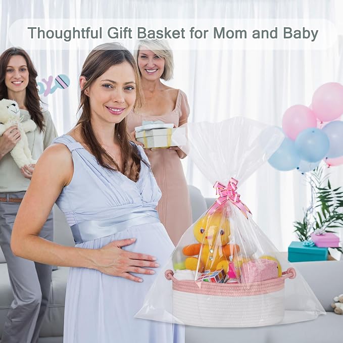 COMSE Small Gift Basket Empty with Bag & Ribbons, Dusty Pink & White | Cotton Rope, 12"x 8"x 5", Pet Toy Storage Organizer, Woven Basket for Birthdays, Baby Showers, Mother’s Day, Valentine’s Day