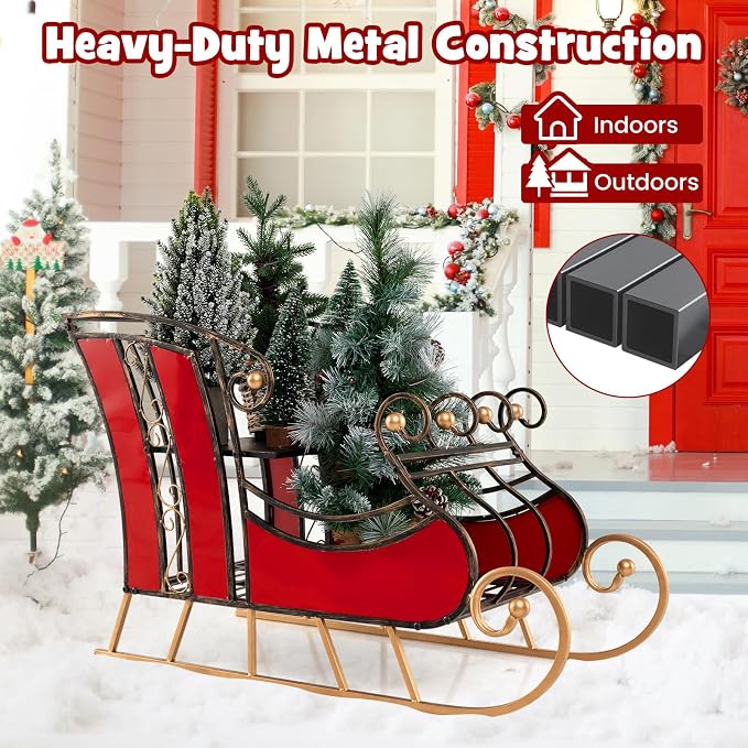 Metal Santa Sleigh, Christmas Santa Sleigh Basket w/ 2-Tier Storage Shelf Big Loading Area for Gifts, Reindeer Outdoor Decoration for Indoor Holiday Decor Lawn Yard Home Pets Trailer Party