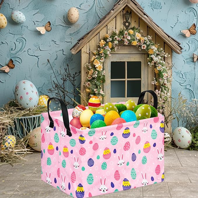 Rectangular Easter Basket Storage Bin for Shelves Cute Gifts Baskets Foldable Box with Handles for Boy and Girl Home Office Car Dormroom Easter Party Supplies