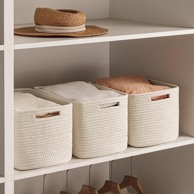 4 Pack Storage Baskets for Organizing, Woven Baskets for Shelves, Beige | 13"Lx9"Wx7.5"H, Woven Basket, Cotton Rope Basket, Toy Storage, Cube Shelf, Gift Baskets Empty, Home Decor