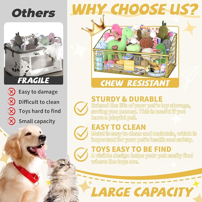 Kaiferty Indestructible Dog Toy basket, Medium Toy Box for Dogs,Pet Toy Bin Dog Metal Basket for Toys, Toy Storage Organizer, Toy Box for Living Room Area (Gold)