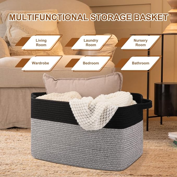 OIASKET 65L Extra Large Blanket Basket Living Room, 19.7"x15.8"x11.8" | Rectangle Woven Laundry Hamper, Nursery Blanket Storage Living Room, Toy Storage With Handle, Large Baskets for Organizing