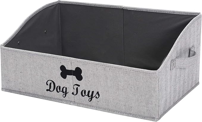 Geyecete dog toy basket Large dog toy bin dog toy box storage box - Foldable Fabric Trapezoid Organizer Boxes with Handle, Collapsible Basket for Dog Toys (Striped Gray-DOG)