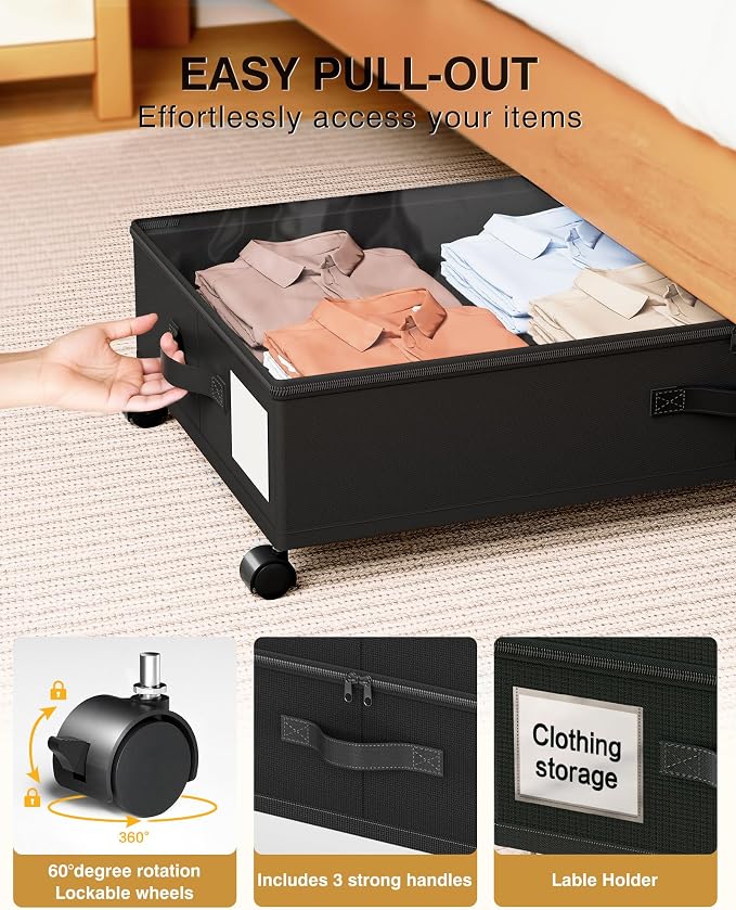 Under Bed Storage with Wheels,1Pack Underbed Shoe Storage Organizer,7.5-10.6 inchTall Adjustable Storage for Underbed with Lids,65L Extra large capacity for Clothes, Blankets,Shoes