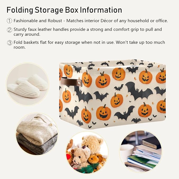 Wamika Happy Halloween Storage Basket with Waterproof Liner and PU Handles Spooky Pumpkin Black Bat Storage Bins Boxes 14.2" Collapsible Decorative Organizer Baskets for Bedroom Closet Office 2 Pack