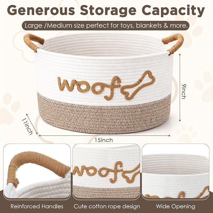 Zhehao Dog Woven Toy Basket with Handles, 15 x 11 x 9 in, White Flaxen | Cotton Rope Dog Toy Storage Bin, Pet Basket with Woof Bone Embroidery, for Puppy Bone & Blankets