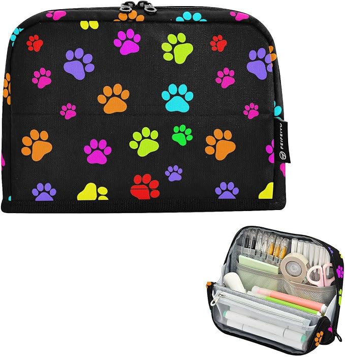 Aslsiy Large Capacity Pencil Case Bright Color Pet Paws (4) Pencil Pouch for Boys Girls Portable Pen Bag Organizer Standing Makeup Bag for School Office Supplies