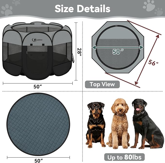 Siedihit Dog Playpen with Washable Pee Pad, Dogs Tent Crate Cage | Indoor/Outdoor, Portable Pop Up Dog Kennel with Carrying Bag for Rabbits (Dark Grey with Pad, Extra Large)