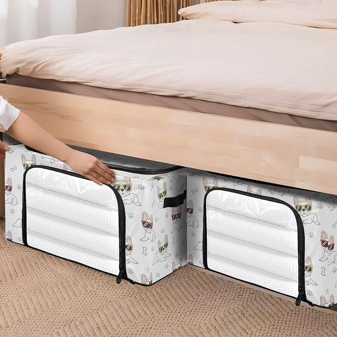 Funny Pets Dogs White pattern Under Bed Storage Containers with Double Zipper Openings, Foldable Clothes Storage Bins with Clear Window and Handles for Comforters Blankets Bedding
