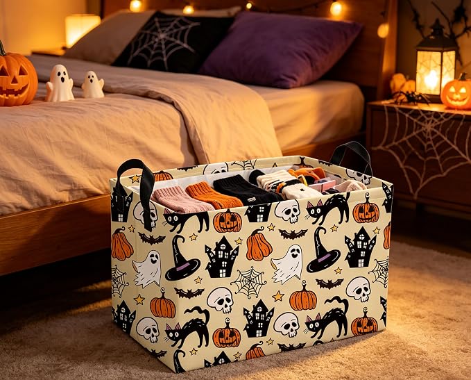 Rectangle Kids Baskets Halloween Basket Cute Storage Bin for Room Decor Gift Basket(Horror Halloween)