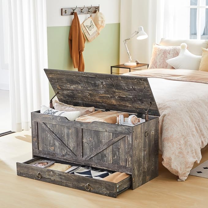 HOOBRO Storage Chest, 39.3" Toy Chest with Drawer, Wooden Storage Bench, Sturdy Entryway Bench Supports 220 lb, Shoe Bench, Safety Hinge, U-Shaped Opening, Easy Assembly, Vintage Gray VP710CW01G2