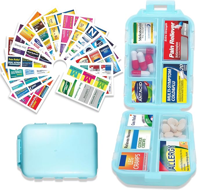 Large Pill Organizer with 146 Medicine Labels, Blue Travel Pill Case | Large 10-compartment pill case with 146 labels for vitamins, supplements, daily meds, 7-day planning, work, travel, and home
