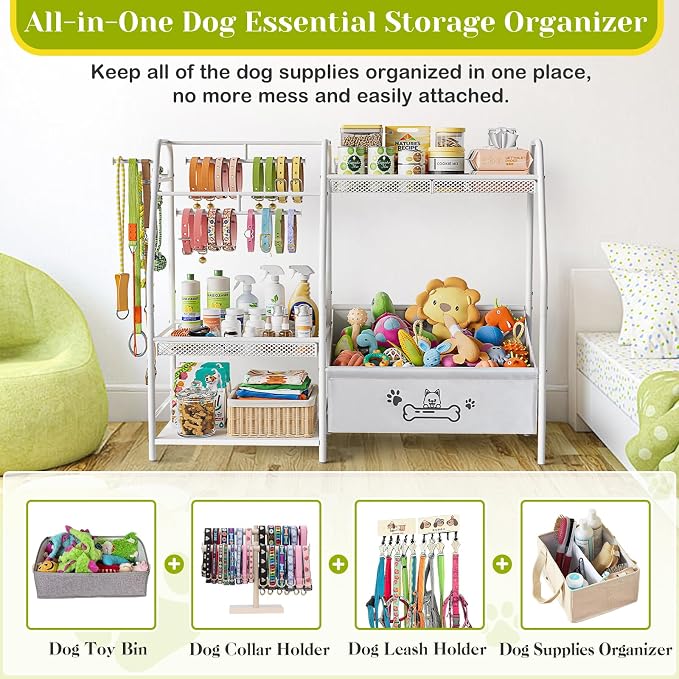 Large Dog Toy Basket with Dog Storage Organizer, Trapezoid Dogs Toy Bin Box with Collar Leash Holder Hook, Toy Holder Chest Pet Storage Cabinet for Living Room, Dogs Essentials for Pet Lovers Gift