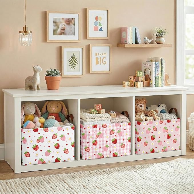 Britimes Strawberry Storage Baskets for Gifts, Toy Storage Bins Box, 3 Pcs | Cute Strawberry Canvas Collapsible Baskets Organizer with Handles Pink Nursery Decor Laundry Basket for Shelves Closet