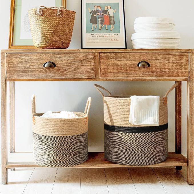 CHICVITA Large Wicker Storage Basket with Leather Handles, 16" x 16", Black | Decorative Woven Basket for Toys, Shoes, Blankets & Laundry Storage, Living Room & Bedroom Organizer, Indoor Plant Basket
