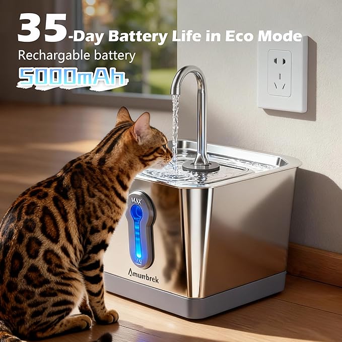 Amunrbrek Wireless Cat Water Fountain, 3.5L Stainless Steel, Smart App & Motion Sensor Control, Battery Operated, Silent Pump, Low Water Alert & Drinking Tracking