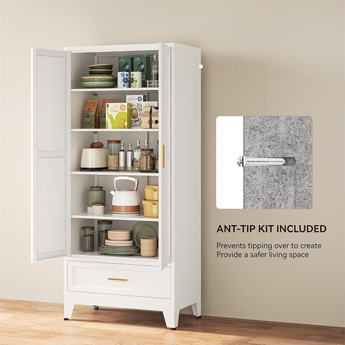 YAUWOH 71''Tall Kitchen Pantry Cabinet with Drawer,5-Tiers Metal Pantry Storage Cabinet with 4 Adjustable Shelves and 2 Barn Doors, Freestanding Farmhouse Food Cupboard for Dining Room (1PC,White)