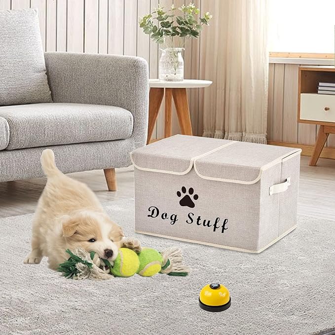 Large Storage Boxes - Large Linen Fabric Foldable Storage Cubes Bin Box Containers with Lid and Handles for Dog Apparel & Accessories, Dog Clothing(Beige)